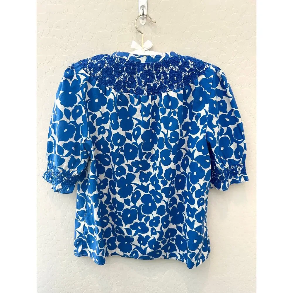 BODEN Effie Printed Top Blue White Floral Smocked Cotton Blouse Sz 8 Cottagecore